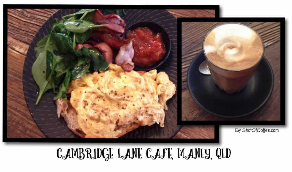 Cambridge Lane Cafe in Manly Qld - bacon,eggs and latte