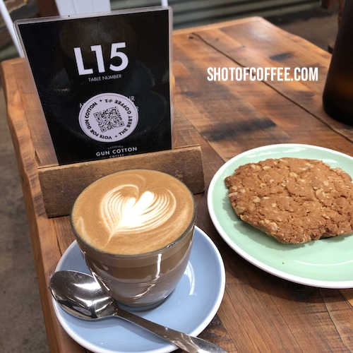 Gun Cotton Coffee Cafe - DOUBLE-SHOT LATTE with ANZAC biscuit for Teena